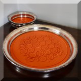 S39. 12” Gorham silverplate Spanish Collection tray with orange liner and matching wine coaster. Small divot in wine coaster. - $135 
